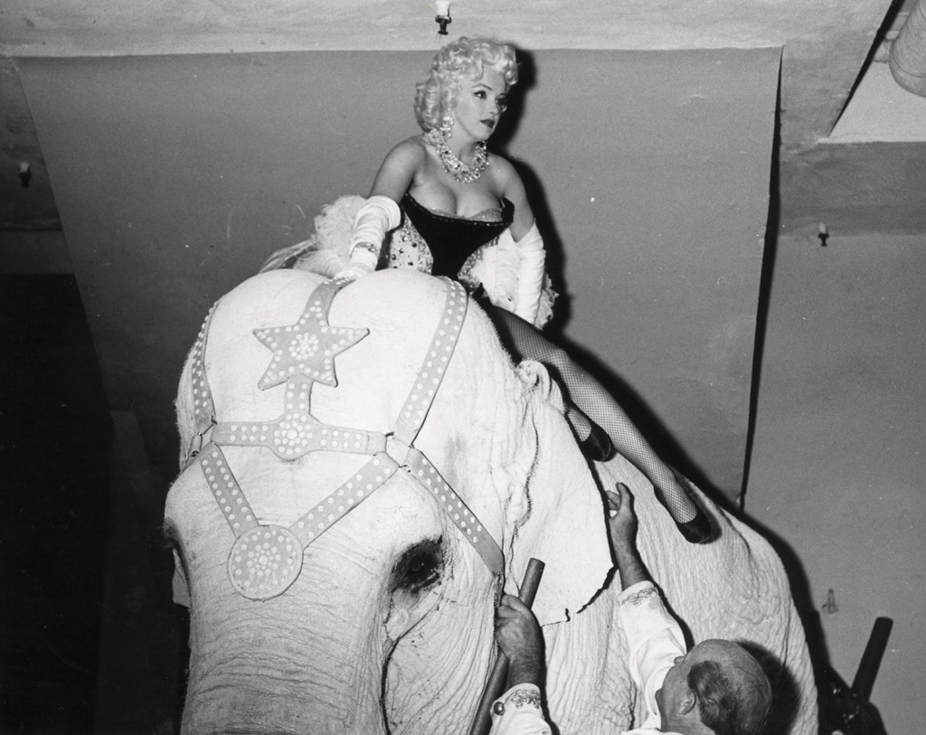 Marilyn Monroe on elephant, circa 1955. Pic by Weegee © International Center of Photography