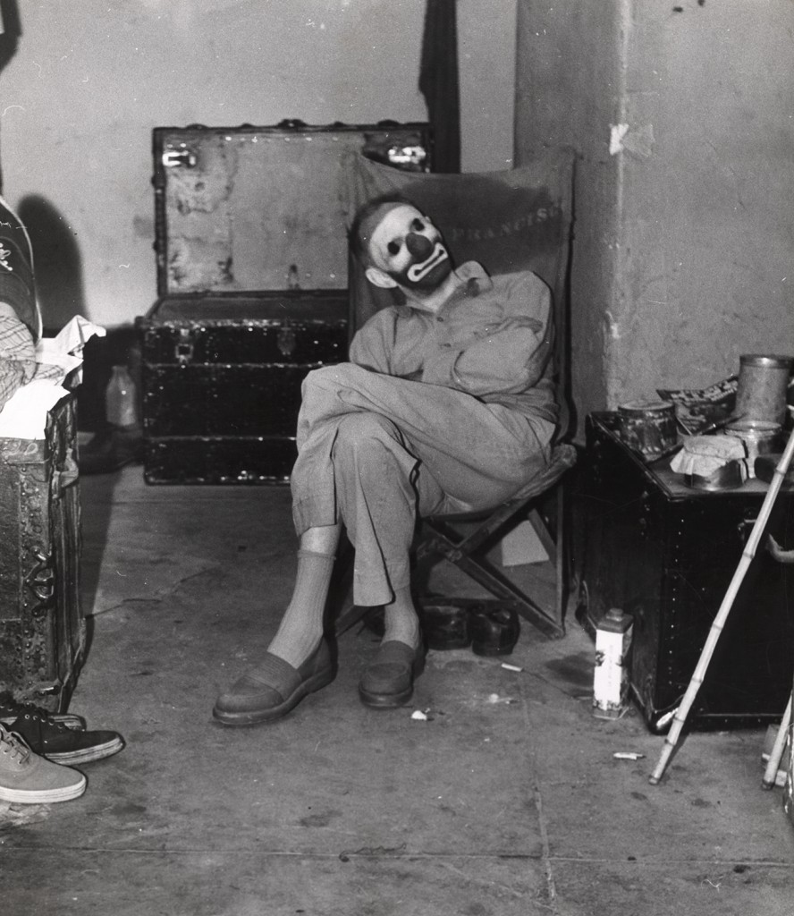 Clown in dressing room at Ringling Brothers and Barnum & Bailey Circus,  1944. Pic by Weegee © International Center of Photography.