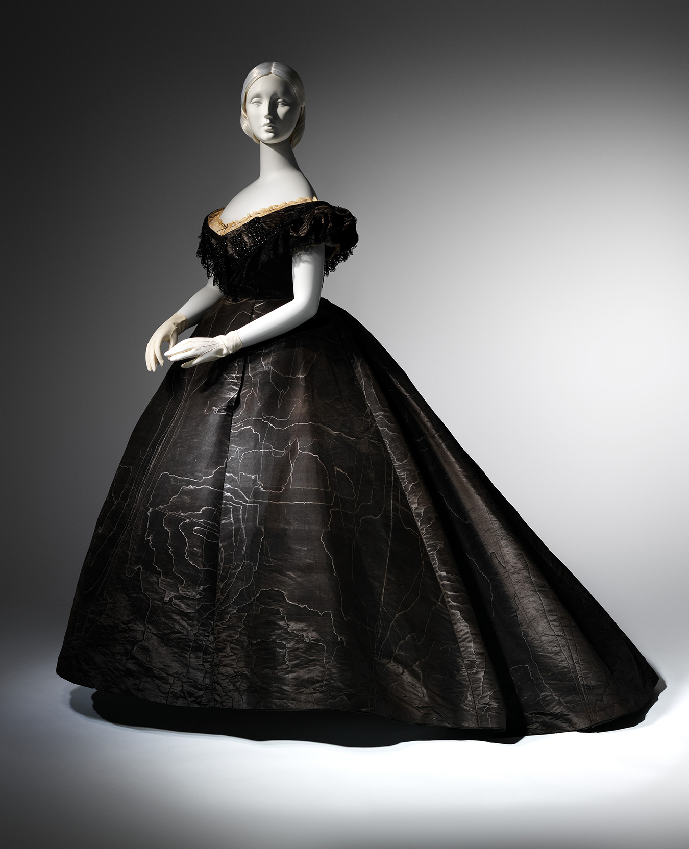 Evening Dress, ca. 1861 Black moiré silk, black jet, black lace