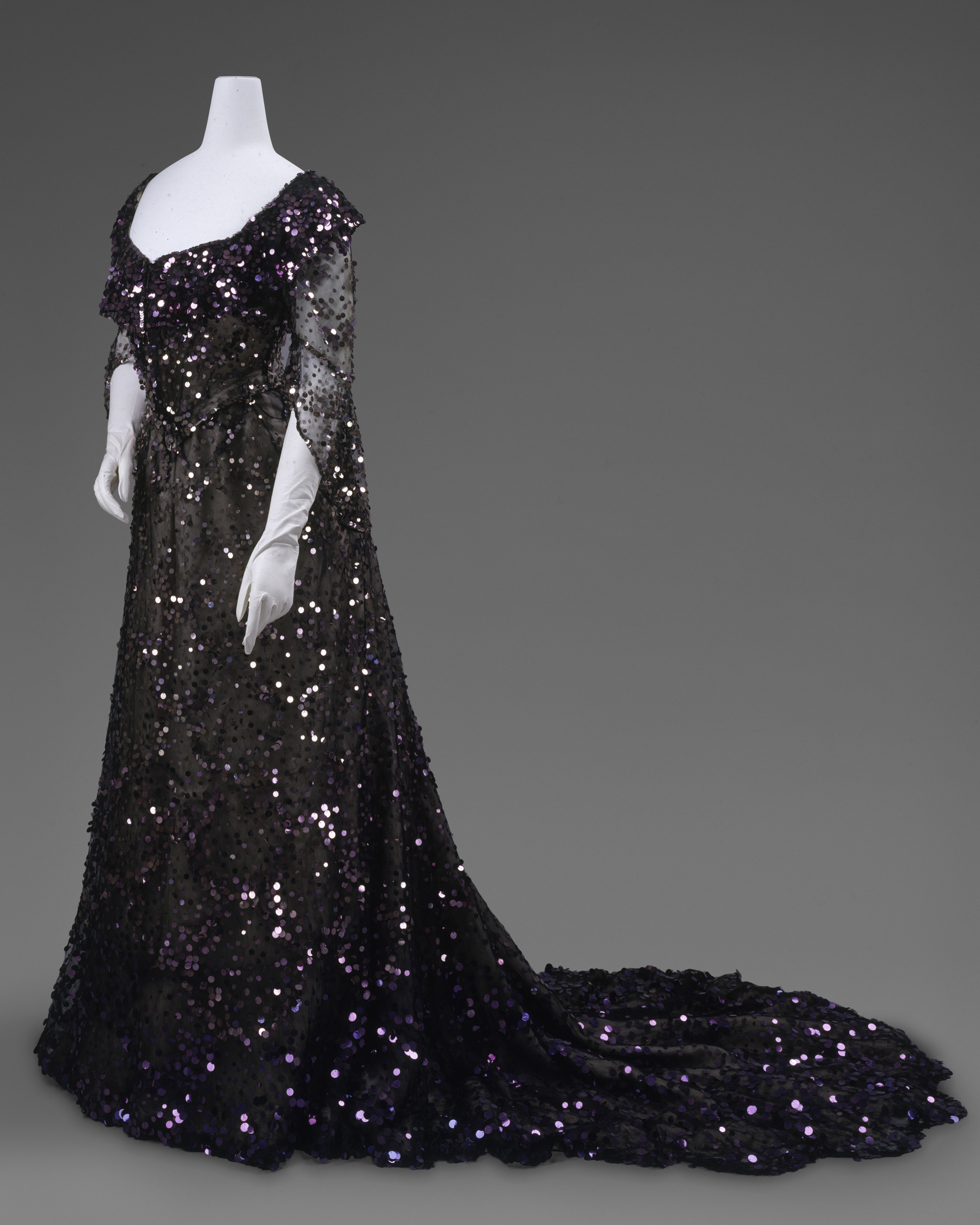 Evening Dress, 1902 Worn by Queen Alexandra (British, born Denmark, 1844–1925) Black silk tulle, mauve silk chiffon, purple sequins