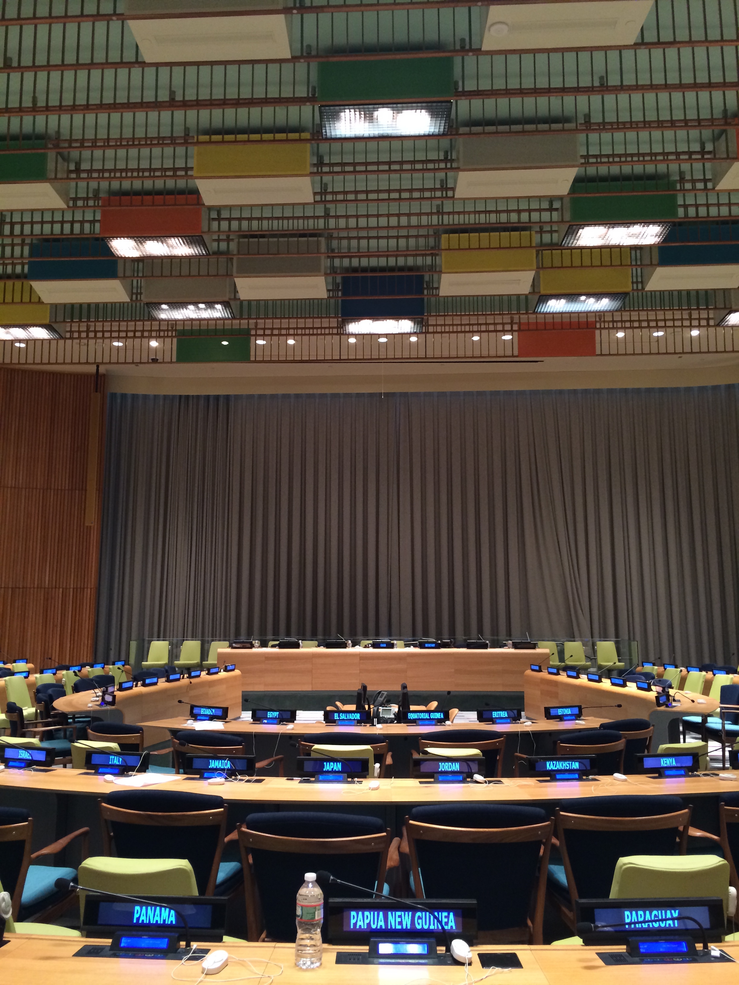 SQUARING THE CIRCLE...box lights in primary colors at the Trusteeship Council Chamber