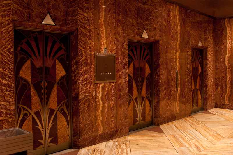 GOING UP...the Chrysler Building's elevator doors are inlaid with rare woods