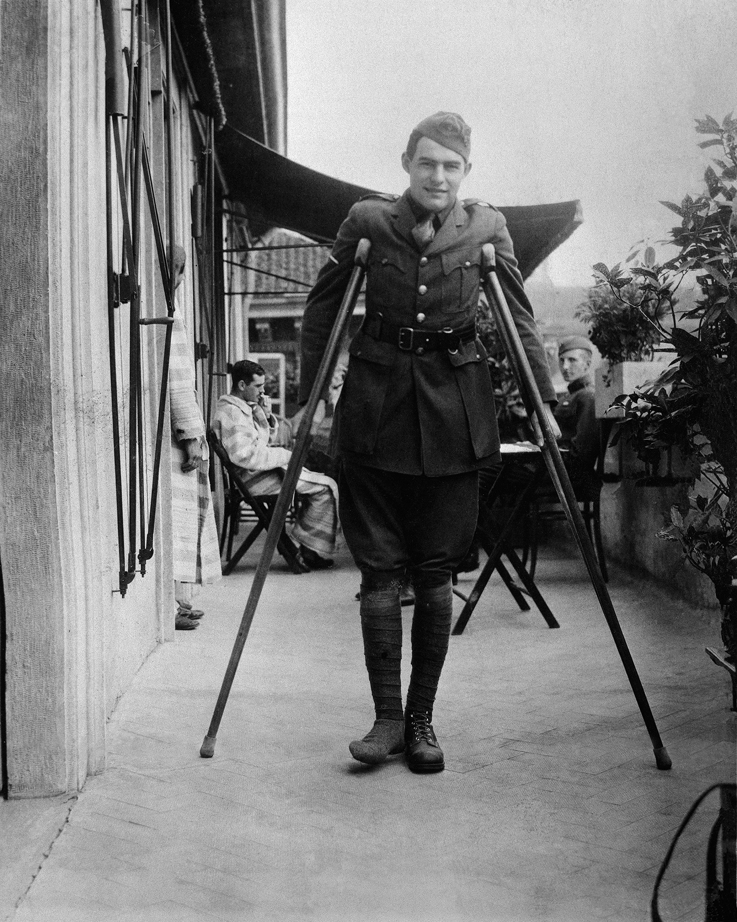 SOLDIER...Hemingway on crutches while recovering in Milan, Italy, September 1918. Pic: JFK Presidential Library and Museum.